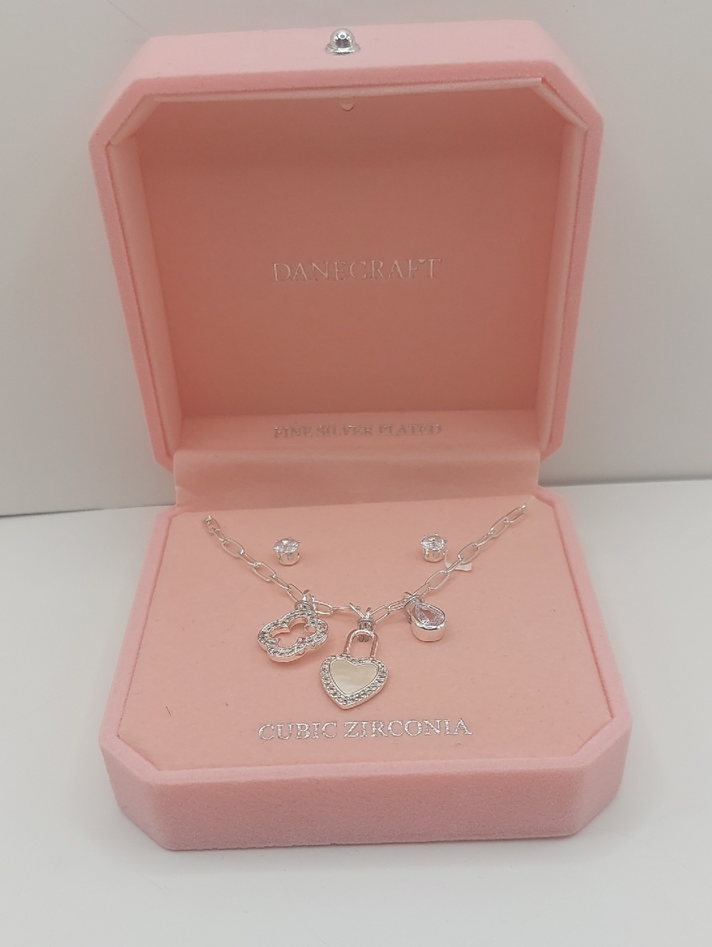 Danecraft Fine Silver Plated Cubic Zirconia Charm Necklace & Stud Earrings Set